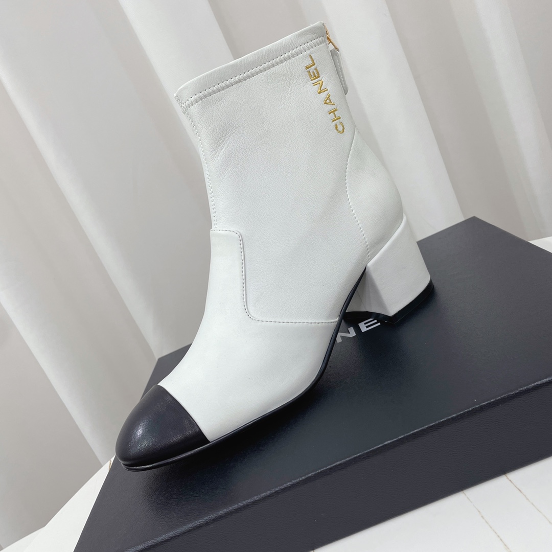 Chanel Women's White Leather Ankle Boots with Black Cap Toe - Classic 6 i1660781797 3224 4