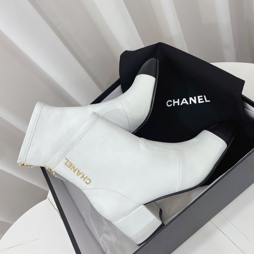 Chanel Women's White Leather Ankle Boots with Black Cap Toe - Classic 4 i1660781797 773 2