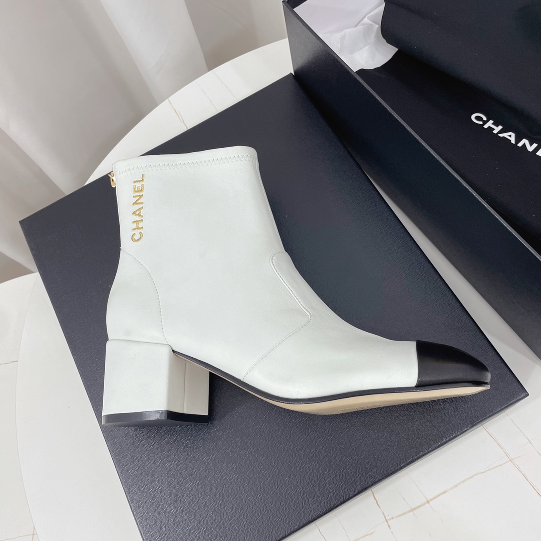 Chanel Women's White Leather Ankle Boots with Black Cap Toe - Classic 7 i1660781797 9300 5