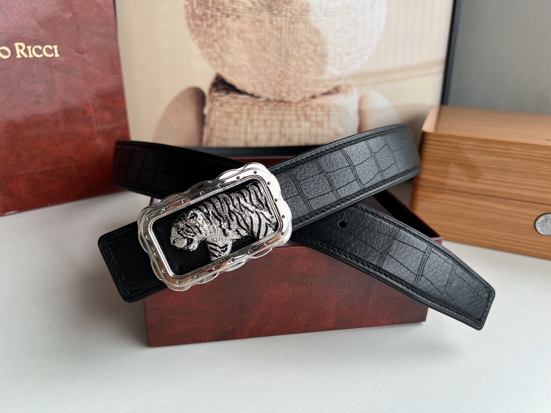 Stefano. Ricci 史蒂芬  精钢材质手工雕刻工艺虎头男士4.0cm腰带