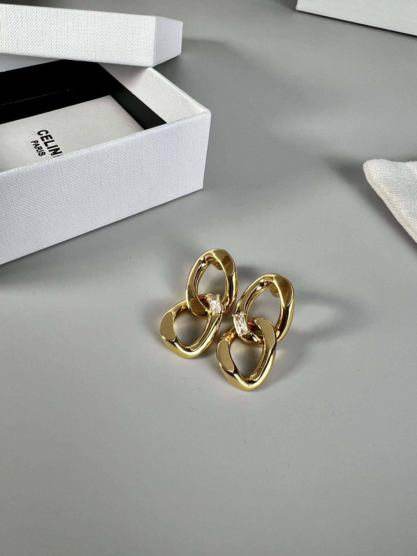 Celine Interlocking Chain Crystal Drop Earrings earrings Gold-tone metal with clear baguette-cut crystals 3cm drop length