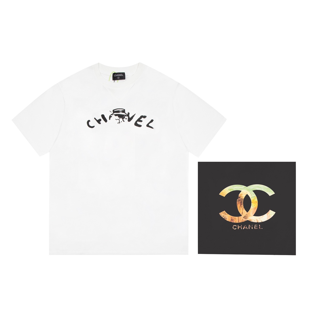 Número de modelo A45-1, tallas: XS-S-M-L, en negro/blanco, unisex, camiseta de manga corta CHANEL de la colección de pr…