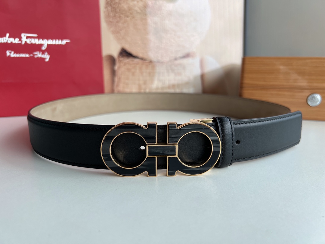 Salvatore  Ferragamo菲拉格慕男士3.5cm精钢Gancini金属扣，头层牛皮腰带
