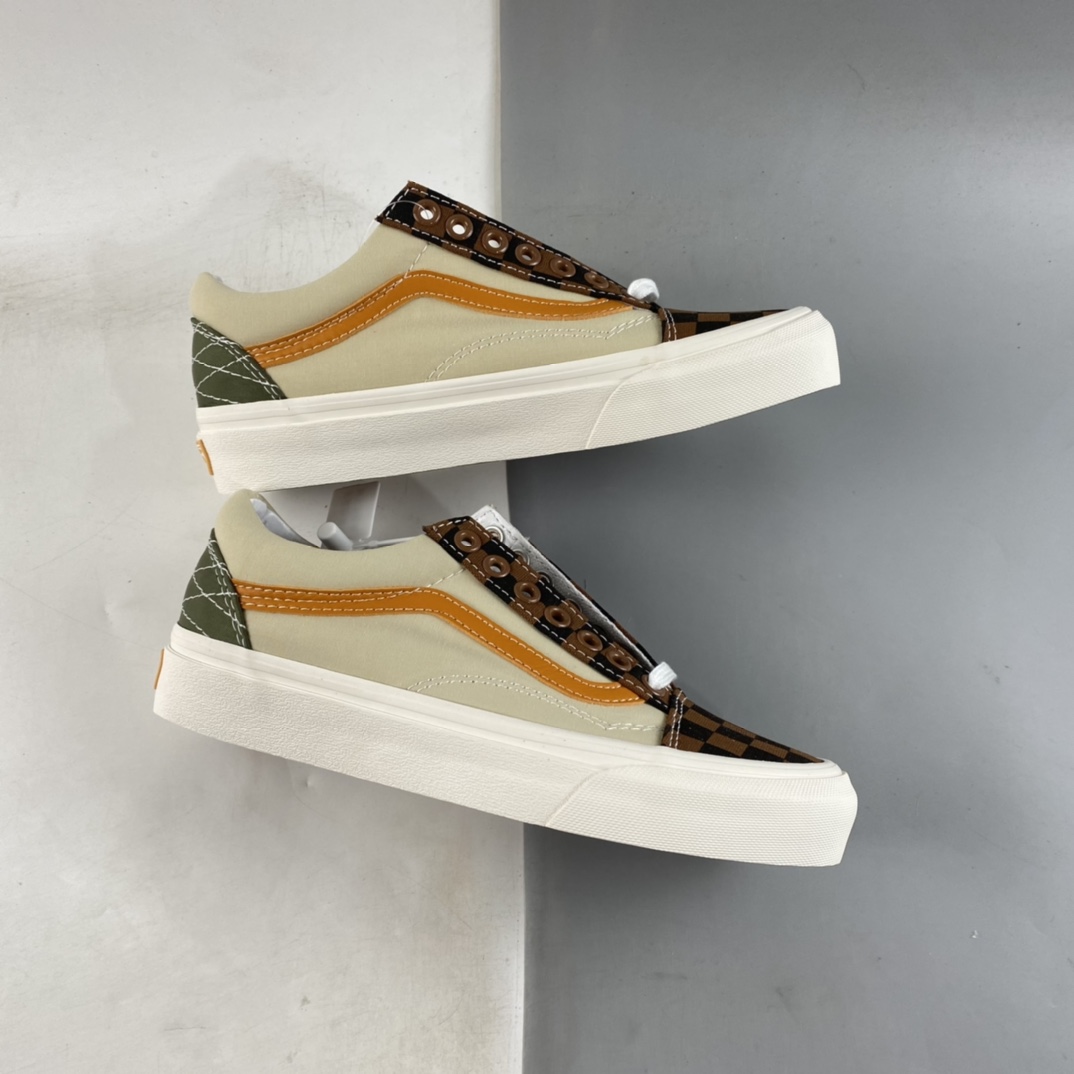 Vans Old Skool Brown Checkerboard Stitching Presbyopia Flat Replacement Printing Low Top Casual Canvas Shoes VN0A5JMI94R