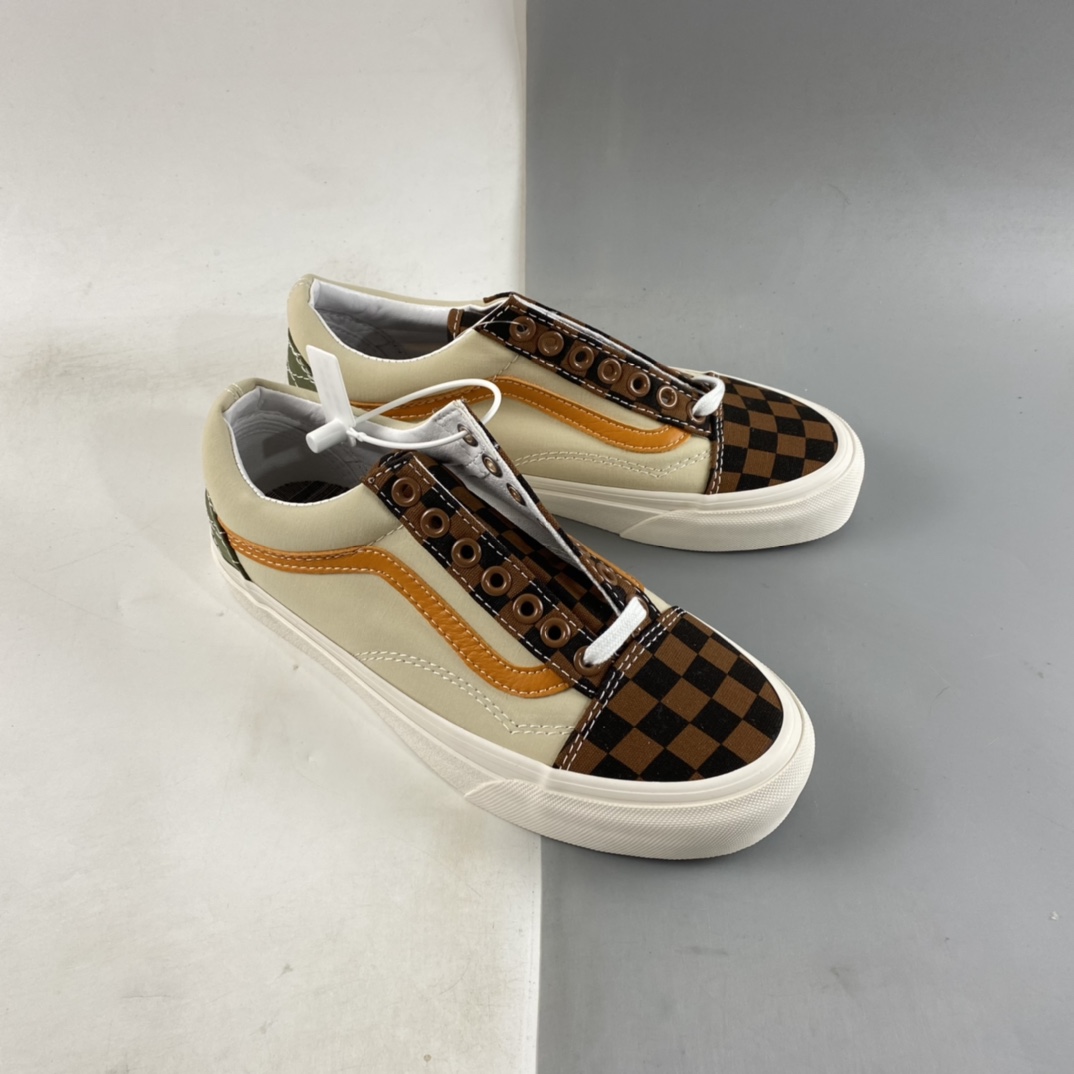 Vans Old Skool Brown Checkerboard Stitching Presbyopia Flat Replacement Printing Low Top Casual Canvas Shoes VN0A5JMI94R