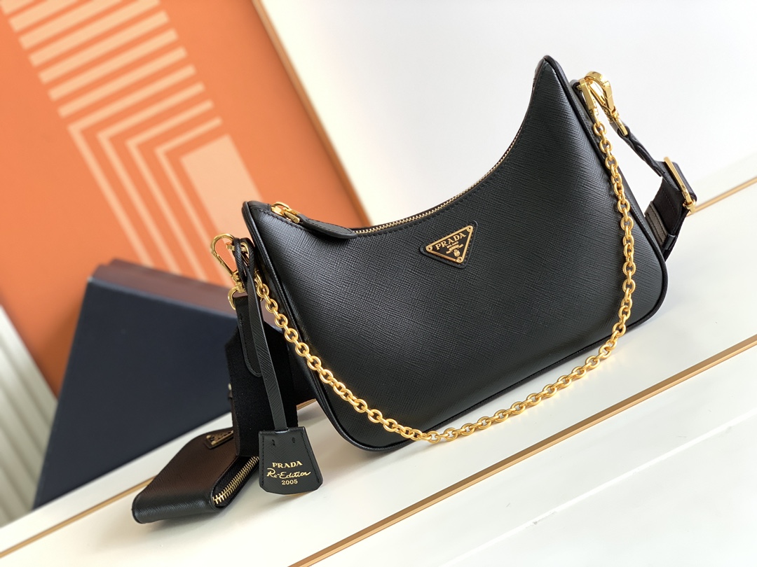 Prada (New version) 2025 popular upgraded version baokuanqnylon Hobo handbag/underarm bagOriginal cross patternDetachable P home Re-Edition 2005