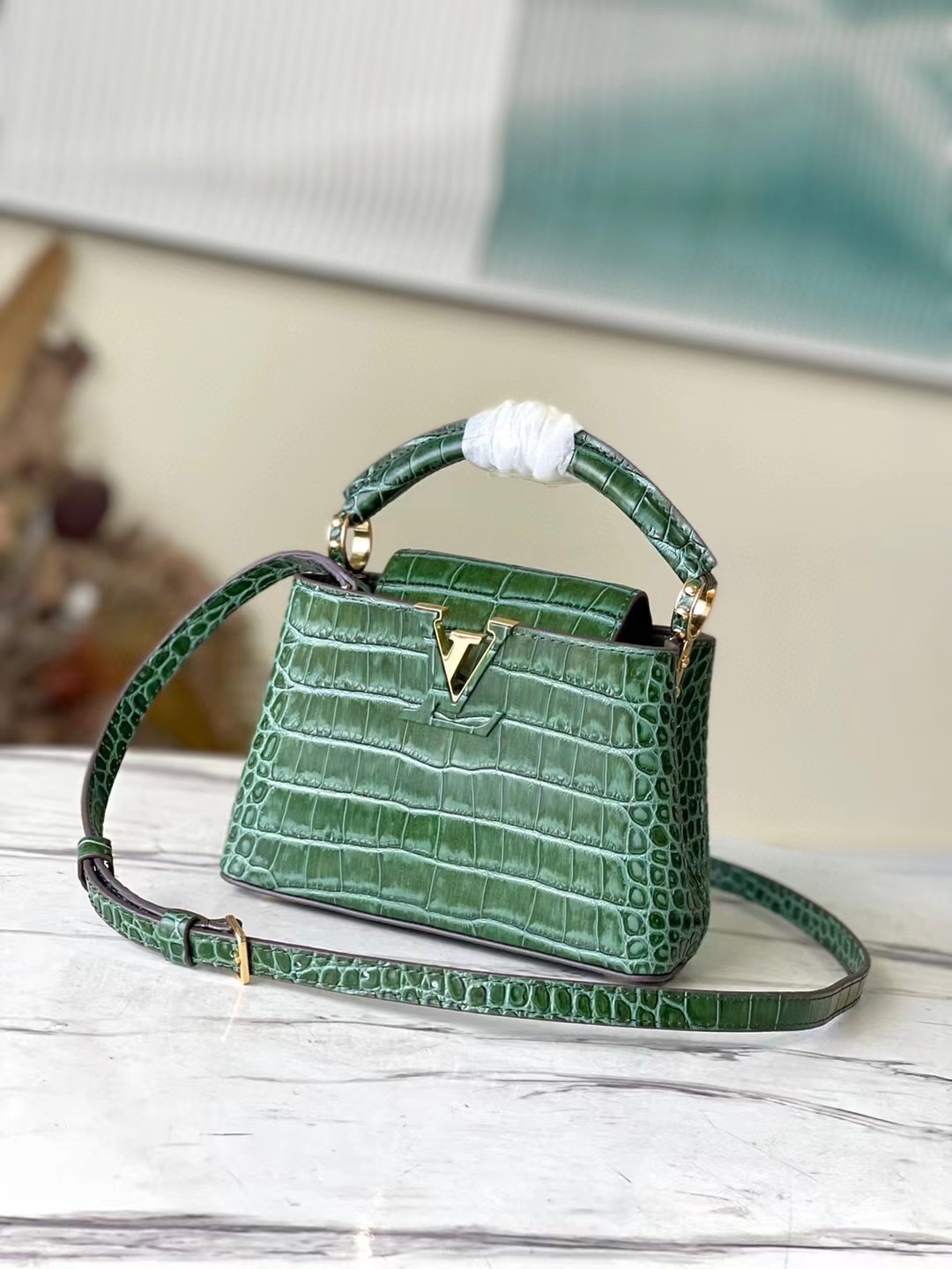 Louis Vuitton LV Capucines Bags Handbags Green Crocodile Leather Goat Skin Sheepskin Vintage Mini N94227