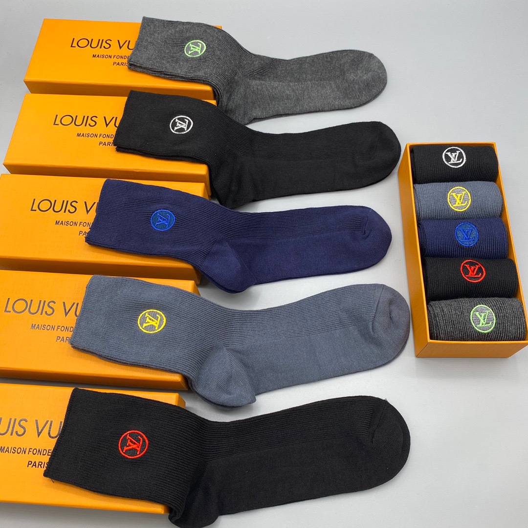 Louis Vuitton Mid-Calf Socks - Breathable Cotton Blend, 5-Pair Set 4 i1661307997 1772 2