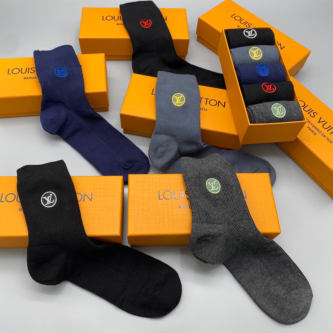 Louis Vuitton Mid-Calf Socks - Breathable Cotton Blend, 5-Pair Set 9 i1661307997 2439 7