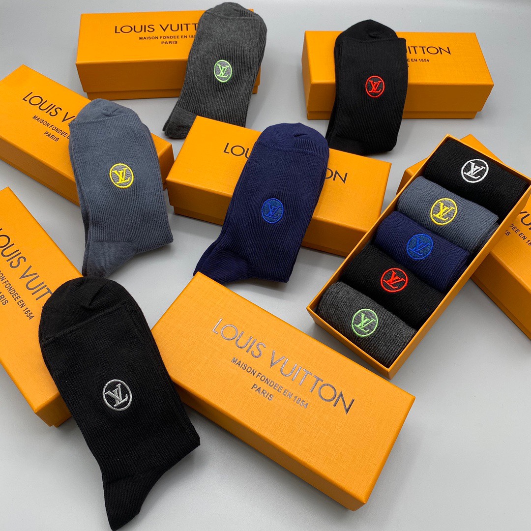 Louis Vuitton Mid-Calf Socks - Breathable Cotton Blend, 5-Pair Set 7 i1661307997 4562 5