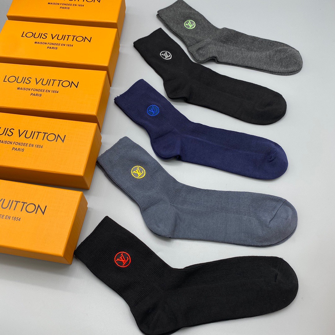 Louis Vuitton Mid-Calf Socks - Breathable Cotton Blend, 5-Pair Set 10 i1661307997 511 8