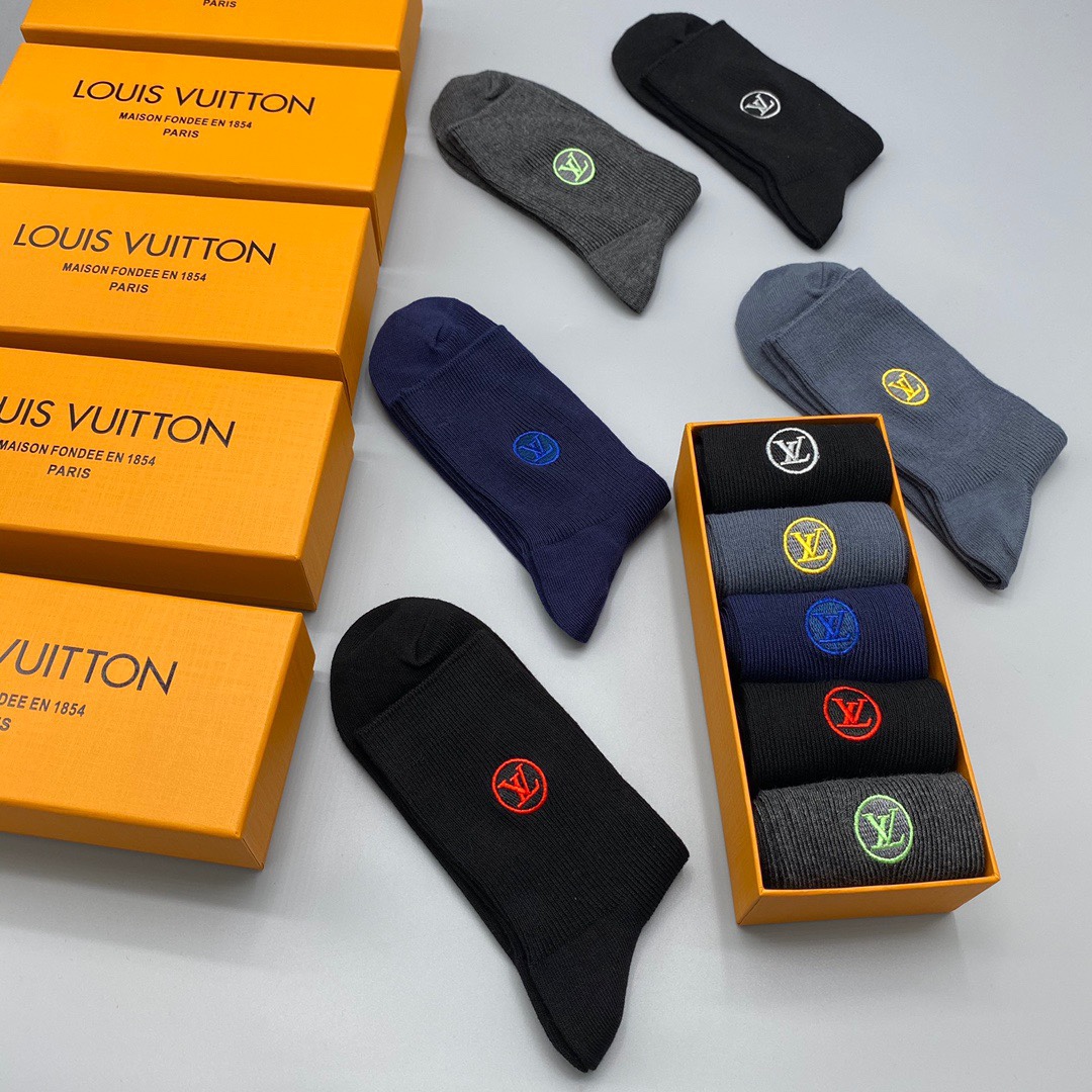 Louis Vuitton Mid-Calf Socks - Breathable Cotton Blend, 5-Pair Set 8 i1661307997 9009 6