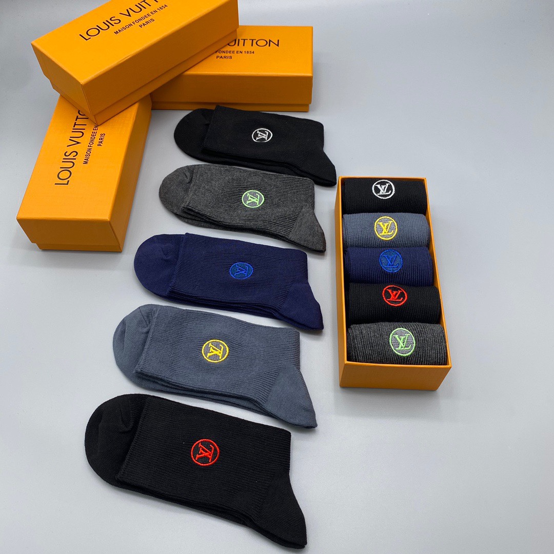Louis Vuitton Mid-Calf Socks - Breathable Cotton Blend, 5-Pair Set 6 i1661307997 9274 4
