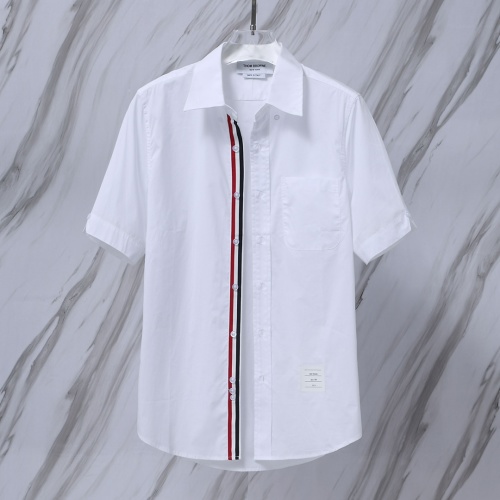 Thom Browne White Cotton Poplin Short Sleeve Shirt With Tricolor Trim 1 Thom Browne White Cotton Poplin Short Sleeve Shirt With Tricolor Trim