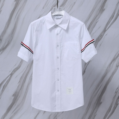 Thom Browne White Cotton Oxford Short-Sleeve Shirt with Arm Stripes 1 Thom Browne White Cotton Oxford Short-Sleeve Shirt with Arm Stripes