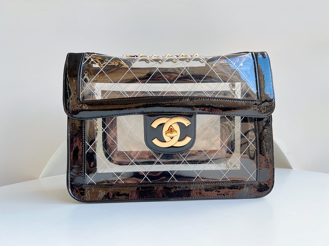 CHANEL Beckham's same style transparent bag VINTAGE out-of-print large gold buckle Double-sided flap design Large capacity Very light weight Can