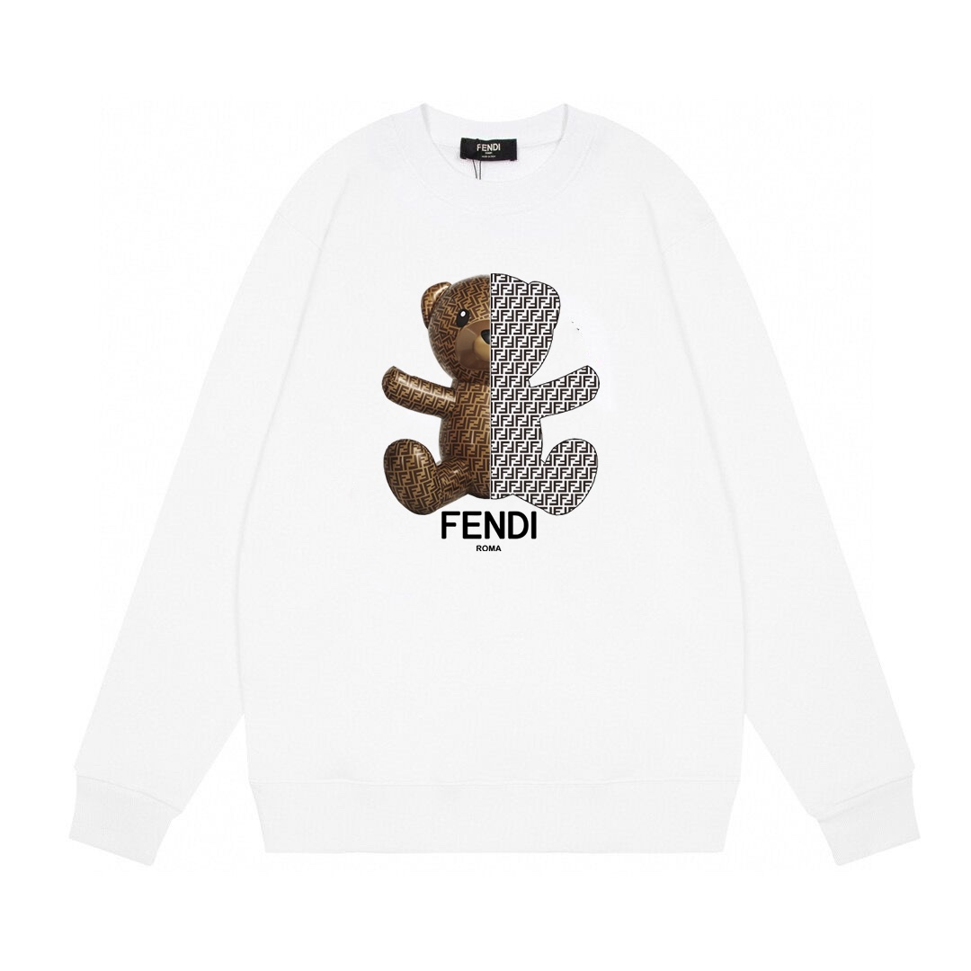 Fendi/芬迪22SS秋冬新款小熊字母印花图案圆领卫衣，加宽加厚的螺纹收口，宽松精裁的优质作品，百搭又颇具辨识度！此款长袖卫衣重工艺高质感，高密针织圆领设计，平整简约！亲肤透爽！面料的柔软性舒适性无可挑剔！男女均可驾驭，打破性别局限性。 尺码：XS-XL 颜色：白色