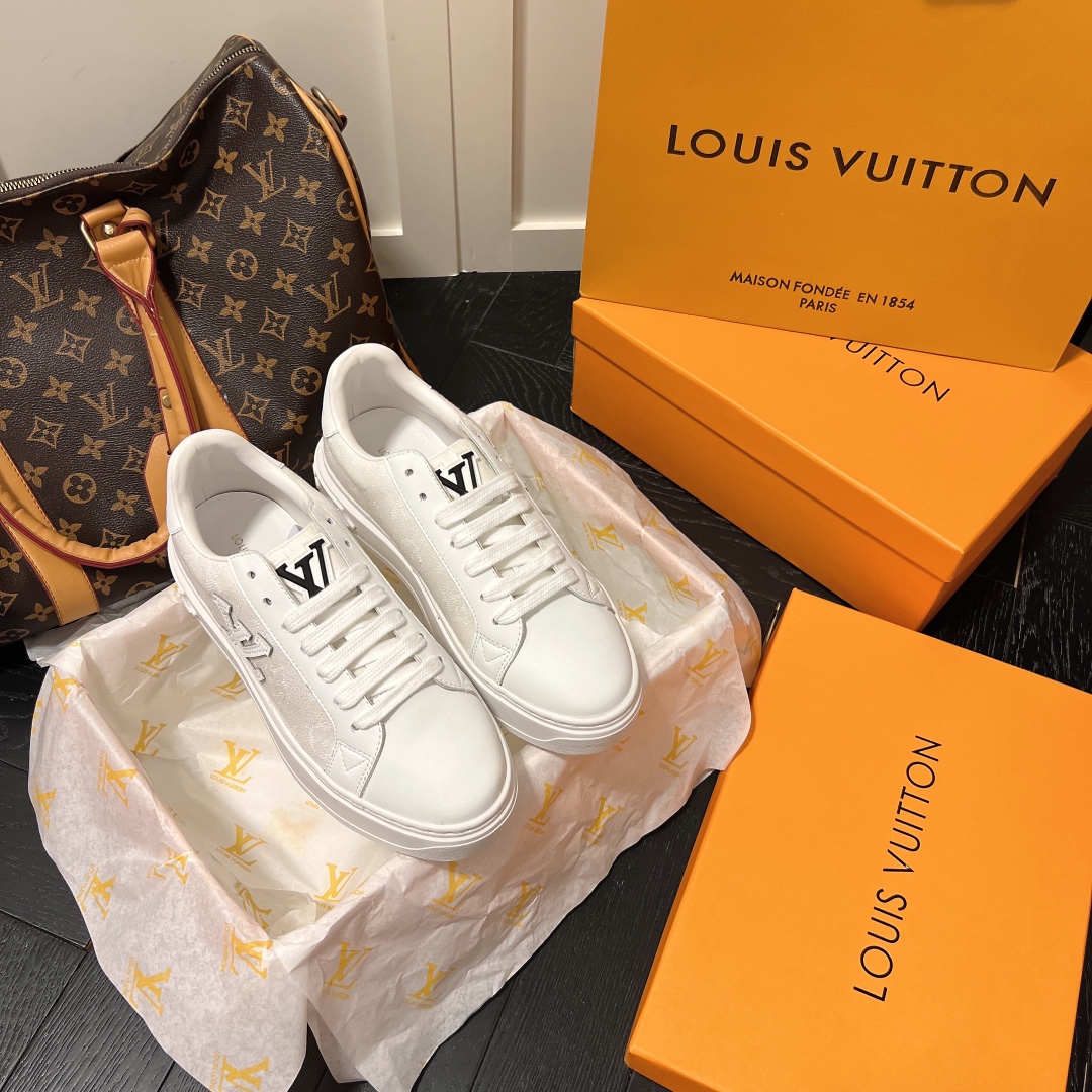 Louis Vuitton Skateboard Shoes Sneakers White Splicing Canvas Cowhide Rubber TPU Vintage Casual