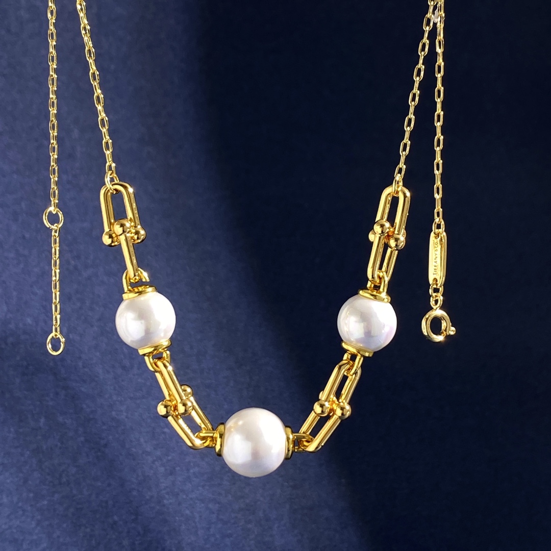 Tiffany & Co. TFN蒂芙尼U形光面竹节链环间大小珍珠项链 黄铜材料+合成贝珠 电镀18K金白金 金银2个色 尺寸:总长度约43cm+2cm