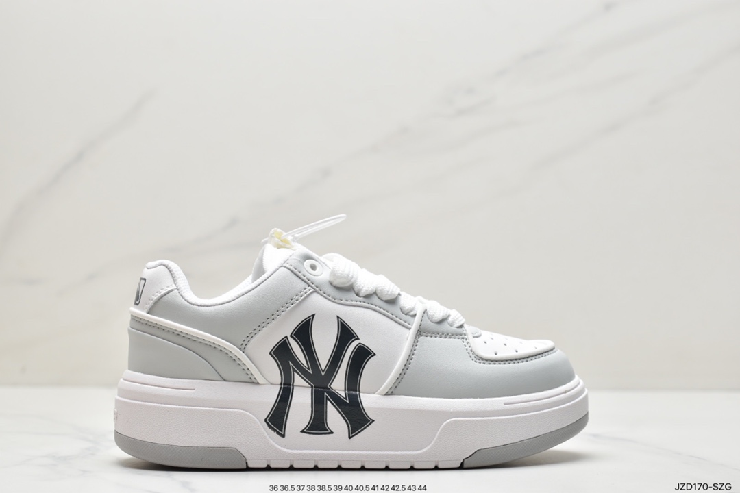 MLB Chunky Liner New York Yankees senior shoes series low-top daddy style light weight increase thick bottom all-match casual sports jogging shoes ”leather white black NY print” 3ASXCA12N-50WHS