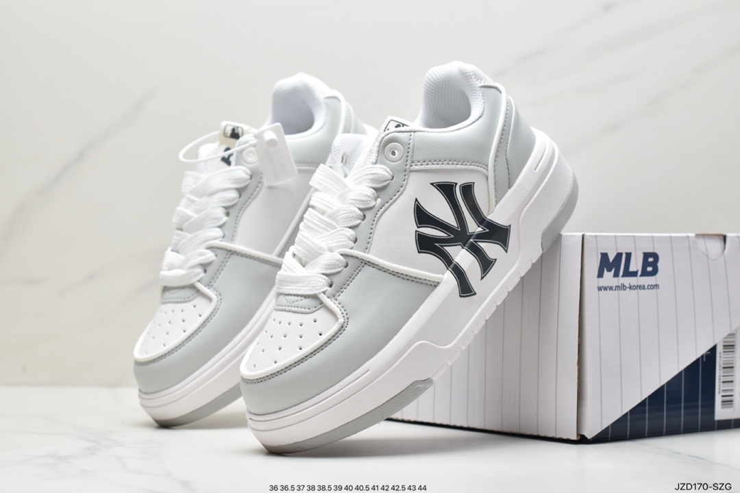 MLB Chunky Liner New York Yankees senior shoes series low-top daddy style light weight increase thick bottom all-match casual sports jogging shoes ”leather white black NY print” 3ASXCA12N-50WHS