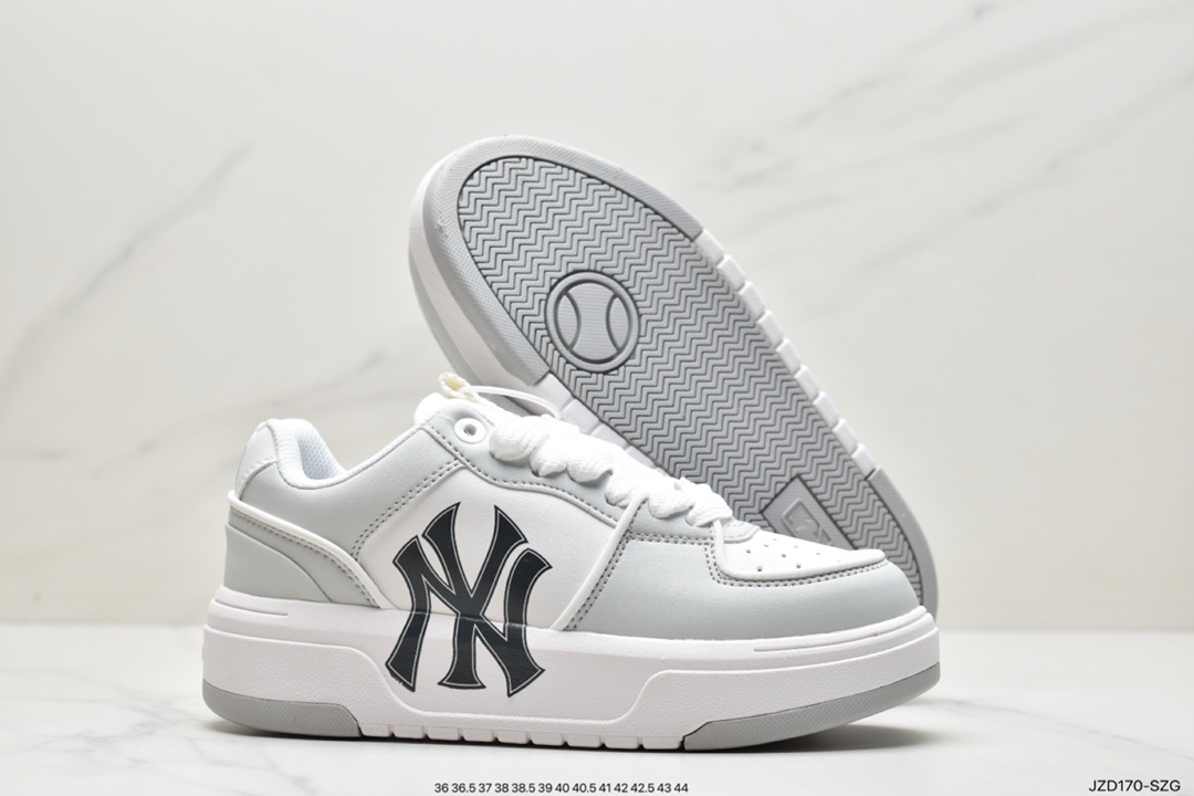 MLB Chunky Liner New York Yankees senior shoes series low-top daddy style light weight increase thick bottom all-match casual sports jogging shoes ”leather white black NY print” 3ASXCA12N-50WHS