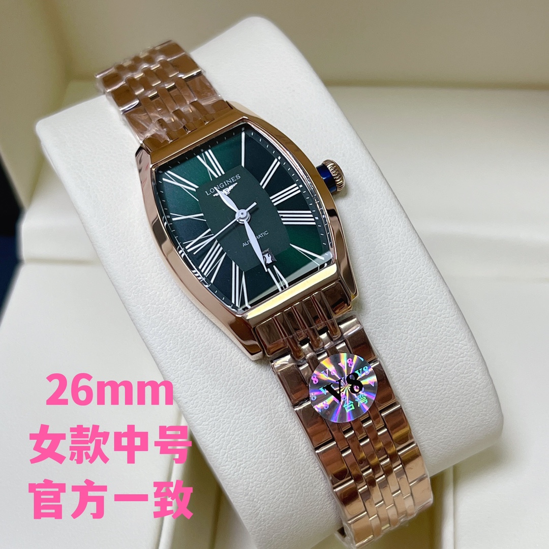 v8台湾厂 2022最新典藏酒桶腕表 火爆上线 Longines浪琴 Longines 典藏系列女士石英表女腕表 银金钻20认准品质 官方一致尺寸26mm*30.6mm女款中号 酒桶形表壳腕表。进口意大利头层牛皮采用针扣配戴。三码合一 认准编号：67586628