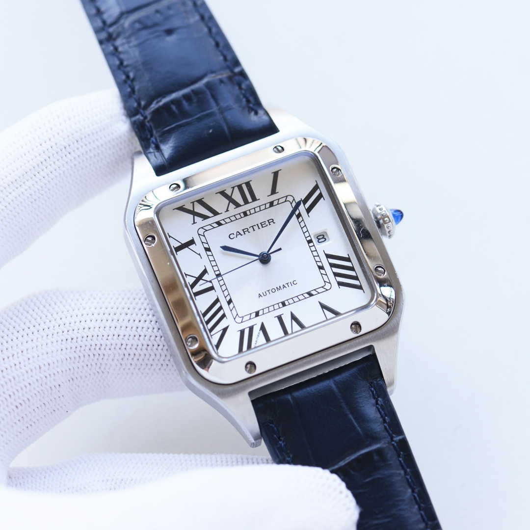 까르띠에 산토스 뒤몽 39.5mm 10.8mm 대만공장 8215 오토매틱 무브먼트 로즈골드 사파이어 글라스 스틸밴드 가죽스트랩 레플리카 42927