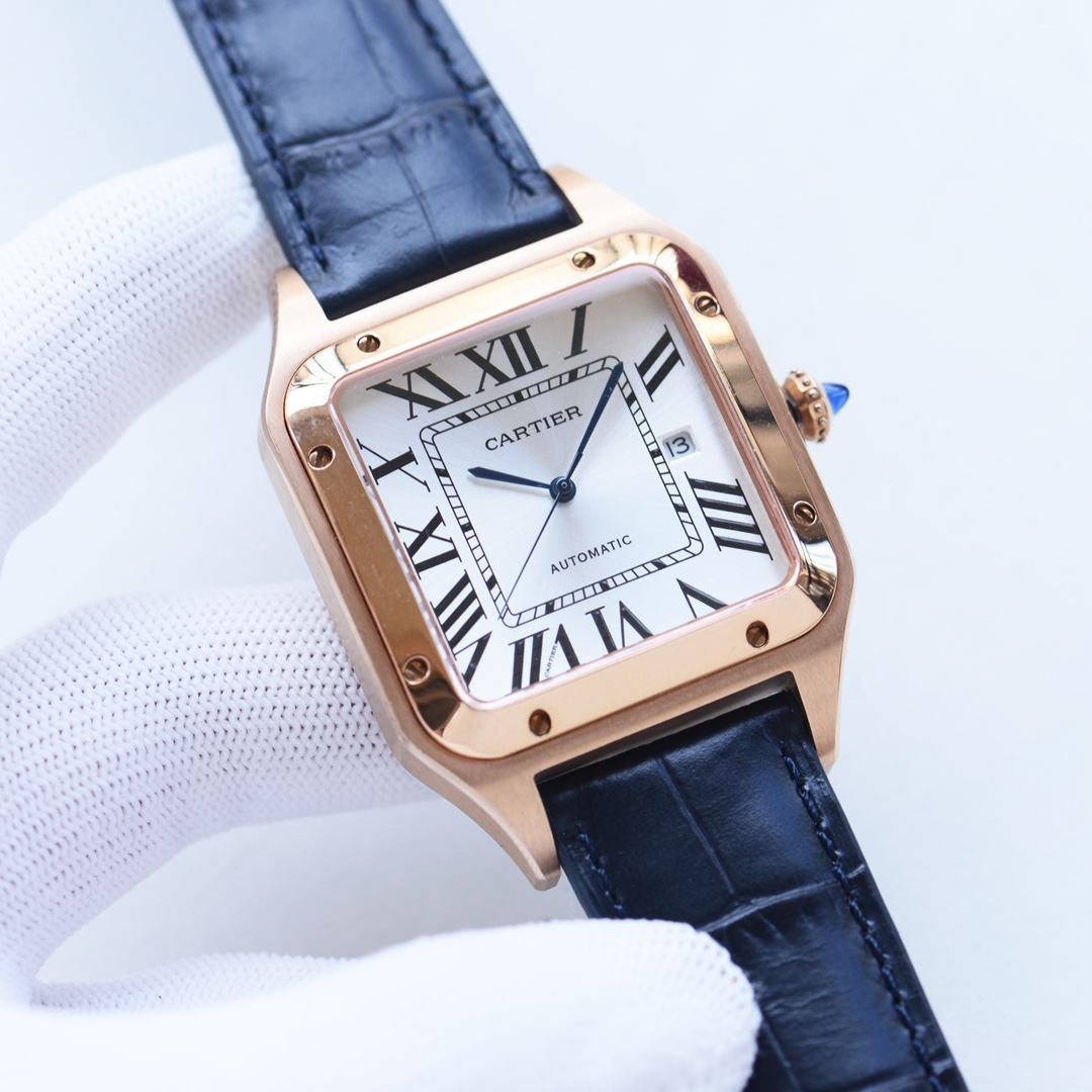 까르띠에 산토스 뒤몽 39.5mm 10.8mm 대만공장 8215 오토매틱 무브먼트 로즈골드 사파이어 글라스 스틸밴드 가죽스트랩 레플리카 42926