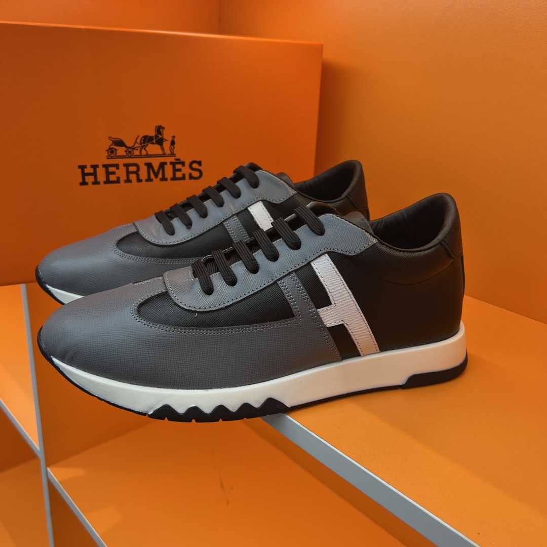 Hermes Casual Shoes Splicing Men Cowhide Fabric Rubber Sheepskin Casual