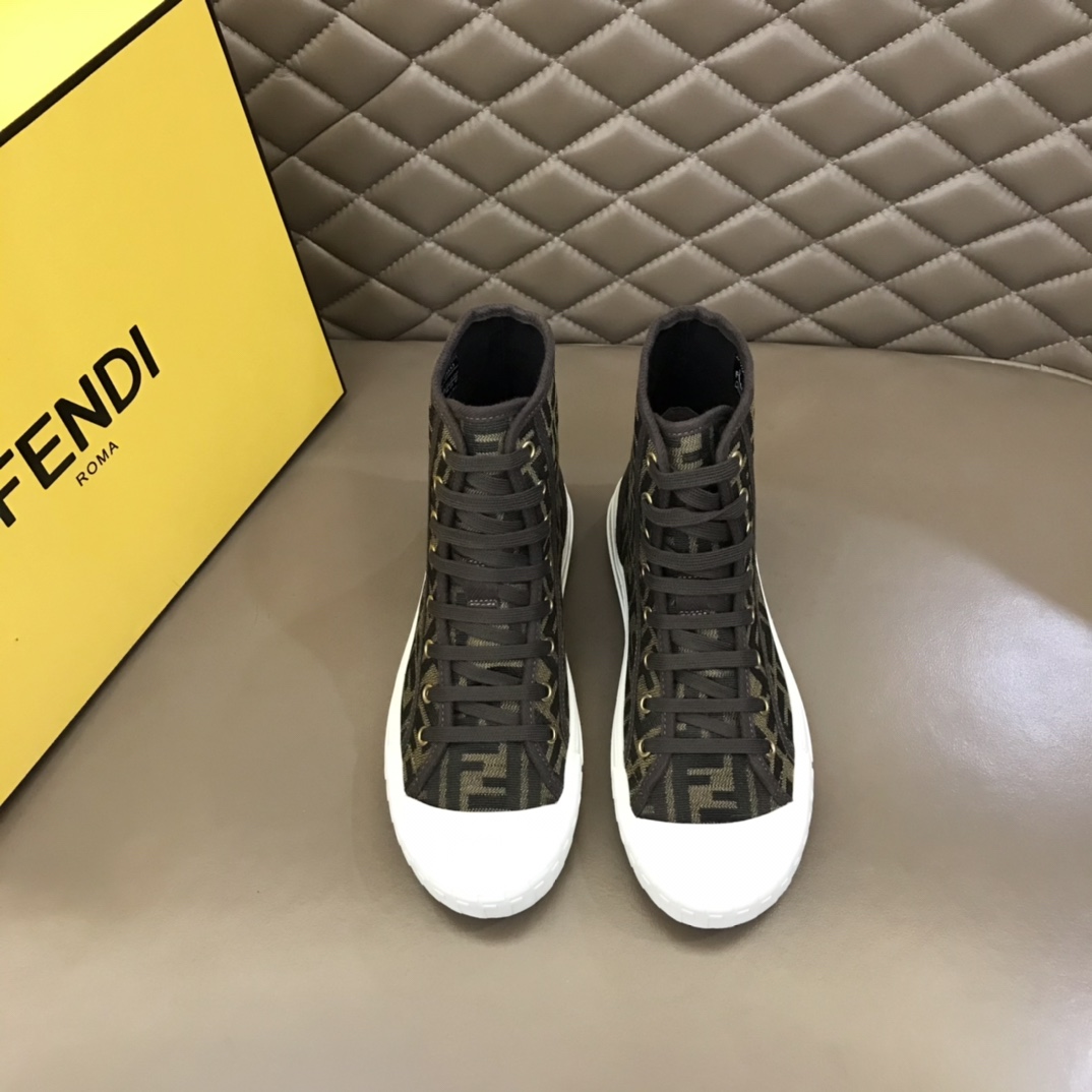 Fendi Shoes Sneakers Brown Yellow Unisex Canvas Rubber High Tops