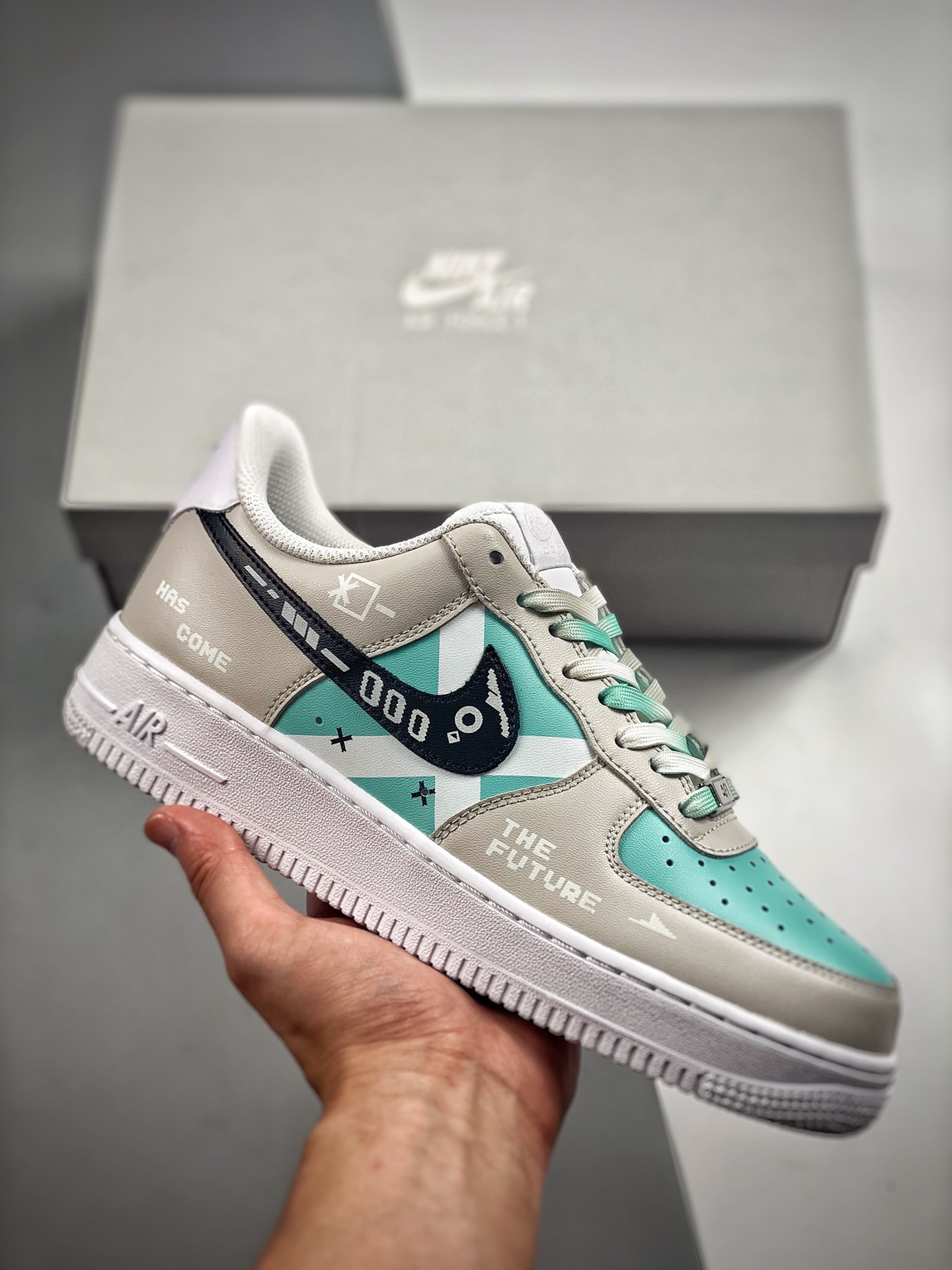 -4 Nike Air Force 1 07 tecnología futura gris azul Air Force 1 low top zapatillas casuales de skate cuero personalizado…