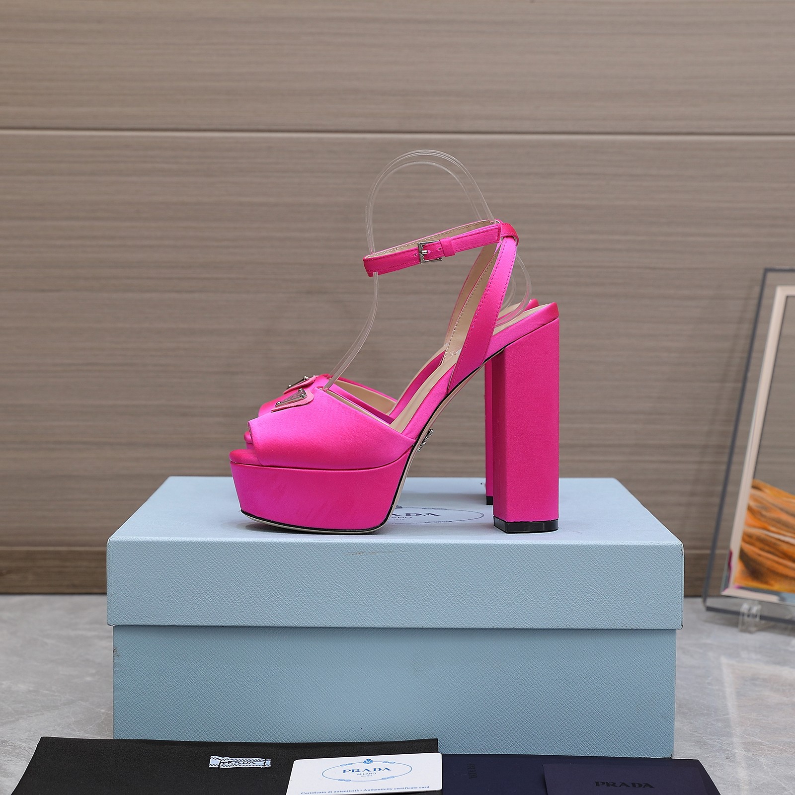Prada Women's Silk Platform Sandals, Hot Pink, Italian Leather Sole 7 a1661862746913 5555