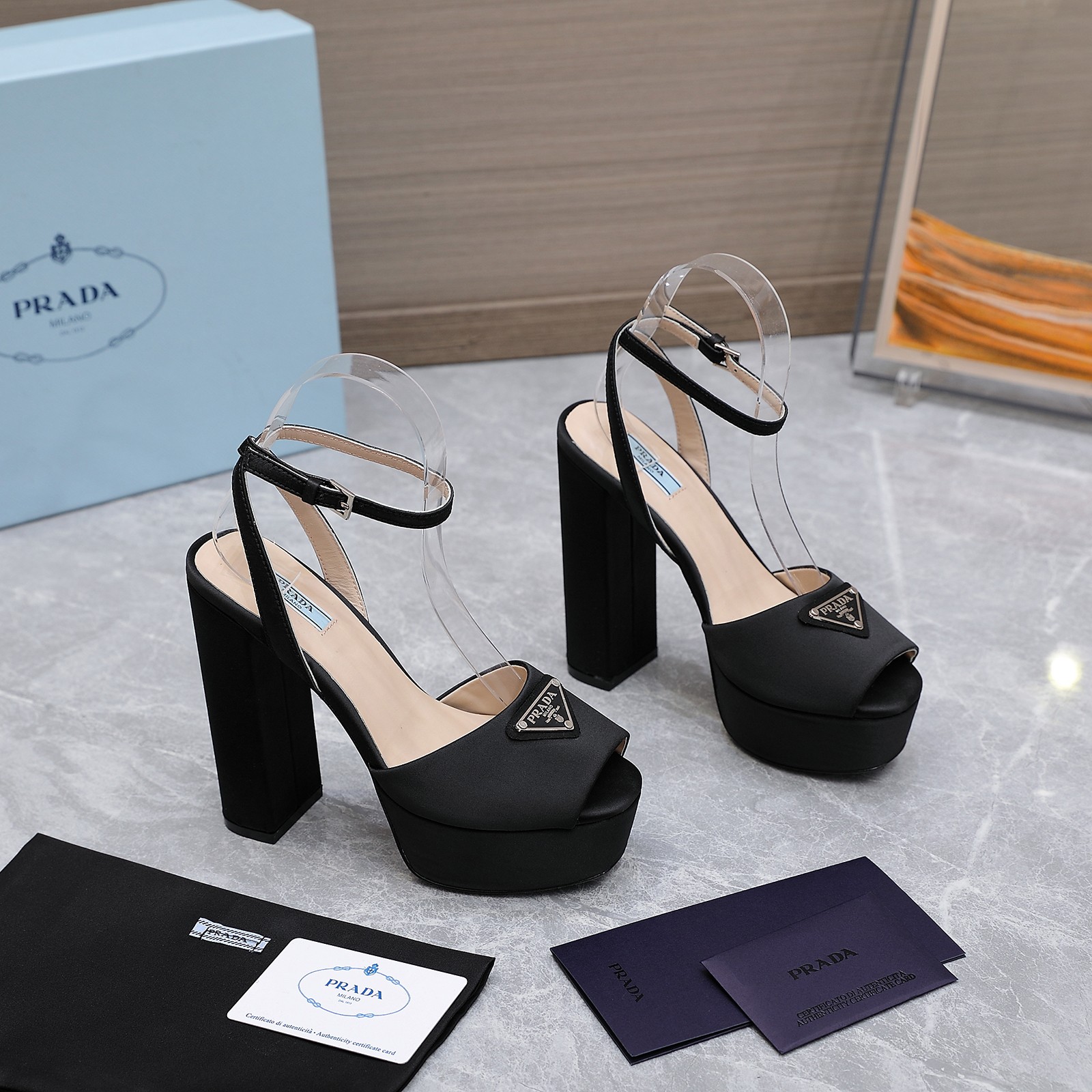 Prada Women's Platform Block Heel Sandals Silk Ankle Strap Open Toe Black 1 Prada Women's Platform Block Heel Sandals Silk Ankle Strap Open Toe Black