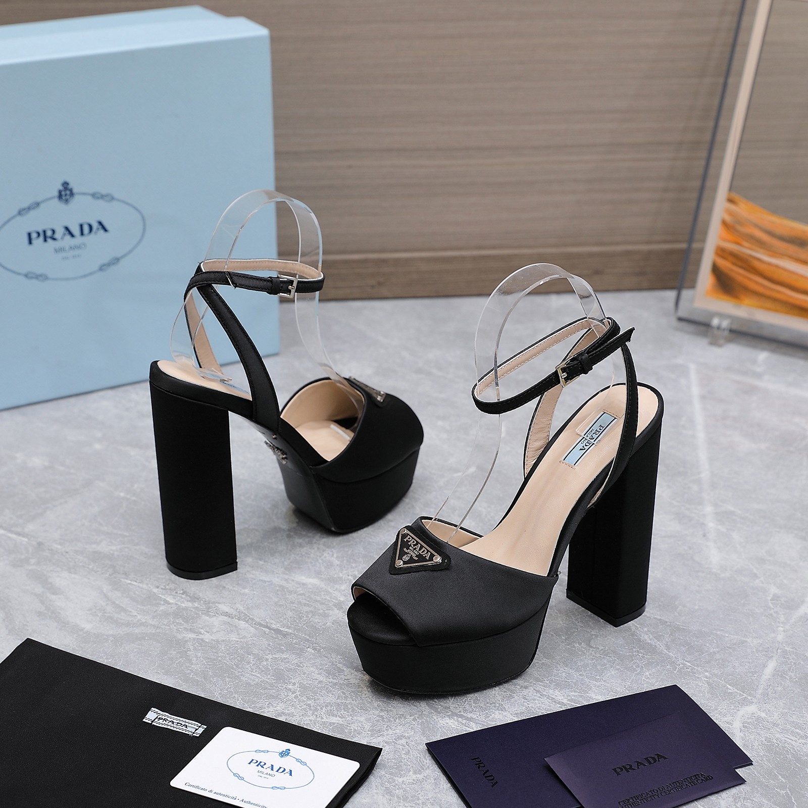Prada Women's Platform Block Heel Sandals Silk Ankle Strap Open Toe Black 8 a1661862820818 8572