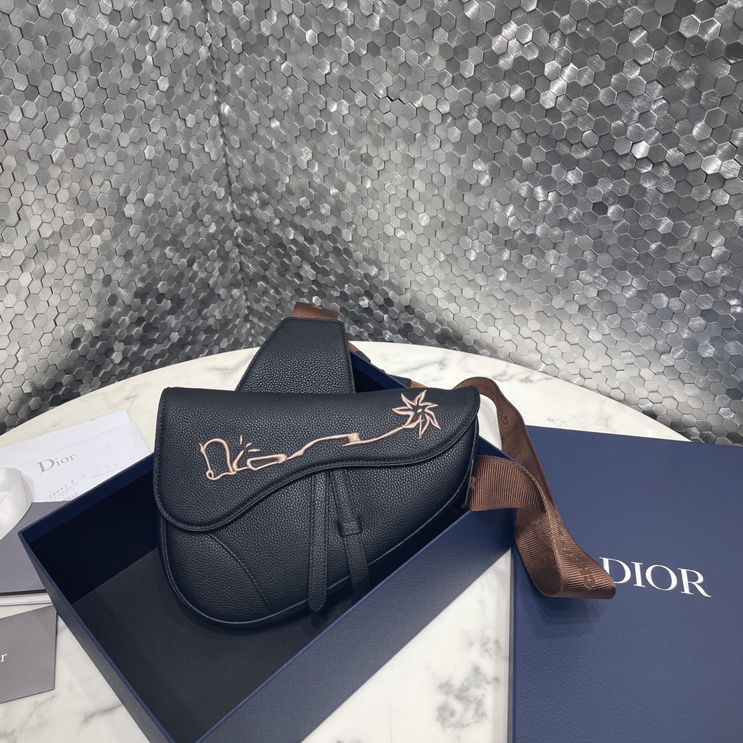 Dior Saddle Bags Black Embroidery Cowhide
