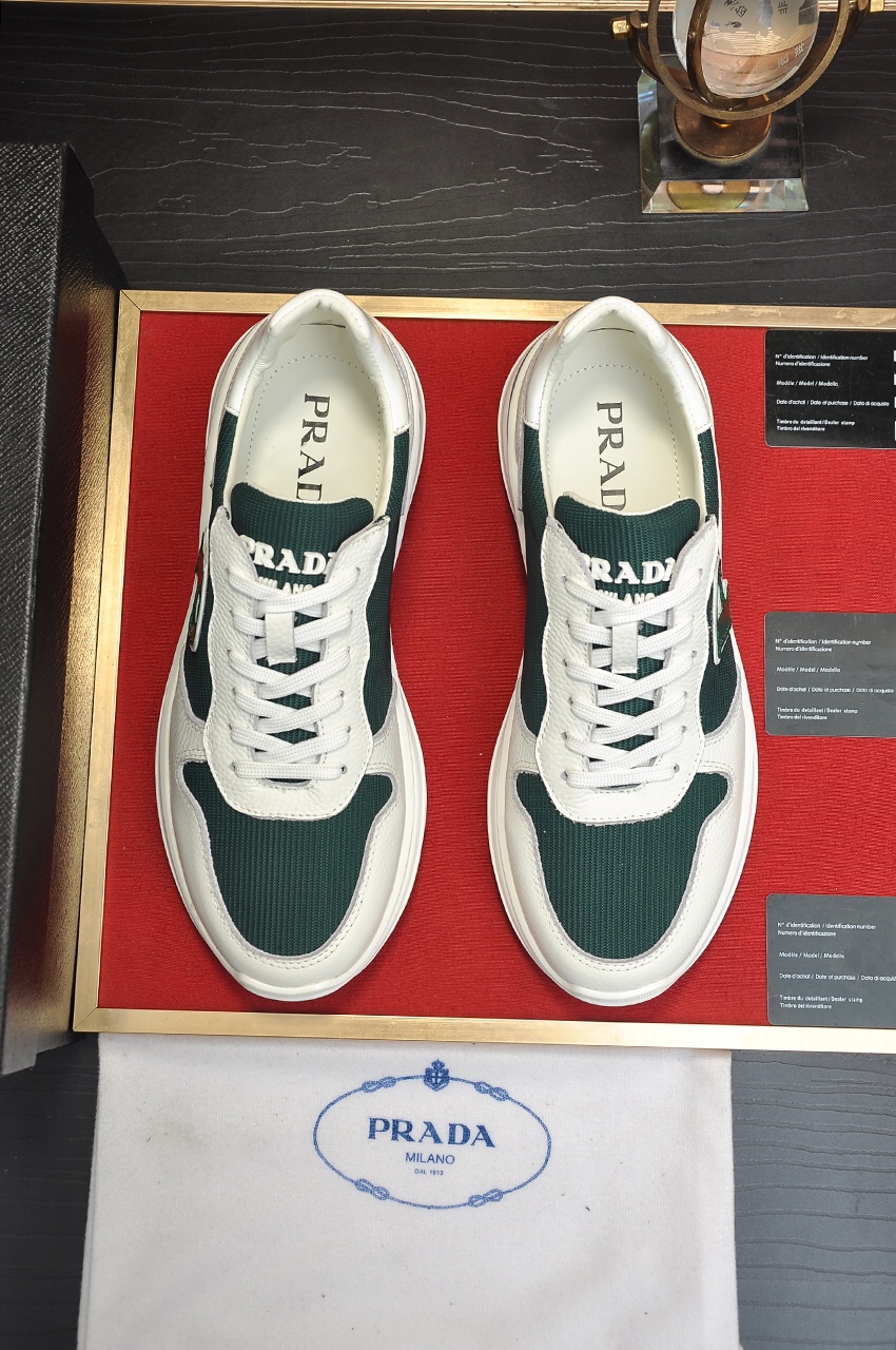 K0 Prada 普拉达 顶级原单，当季，高品质原单牛货，顶级高丝光牛皮拼原版透气布料+进口牛皮，内里进口弹力布配原版牛皮垫脚，原厂气垫大底品质保证码38-4545定做