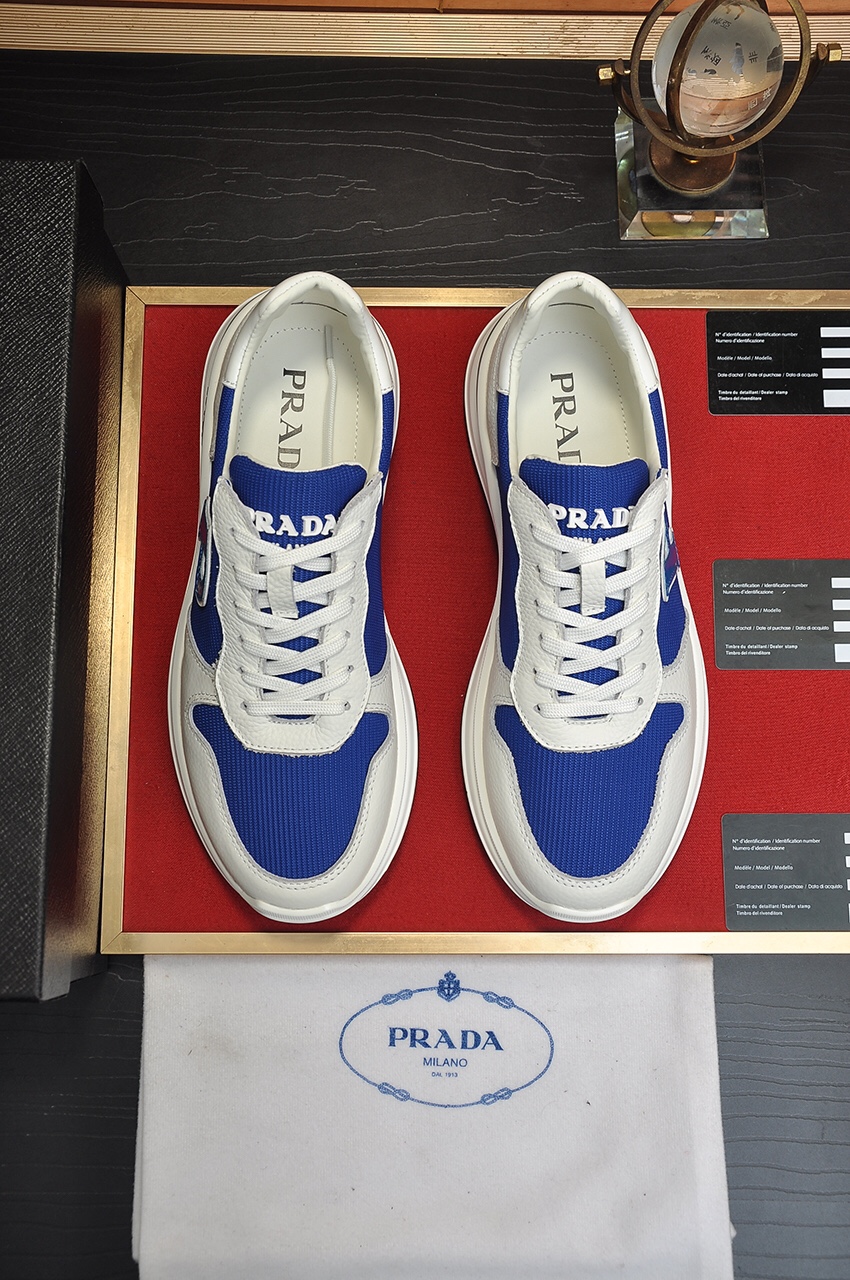 K0 Prada 普拉达 顶级原单，当季，高品质原单牛货，顶级高丝光牛皮拼原版透气布料+进口牛皮，内里进口弹力布配原版牛皮垫脚，原厂气垫大底品质保证码38-4545定做