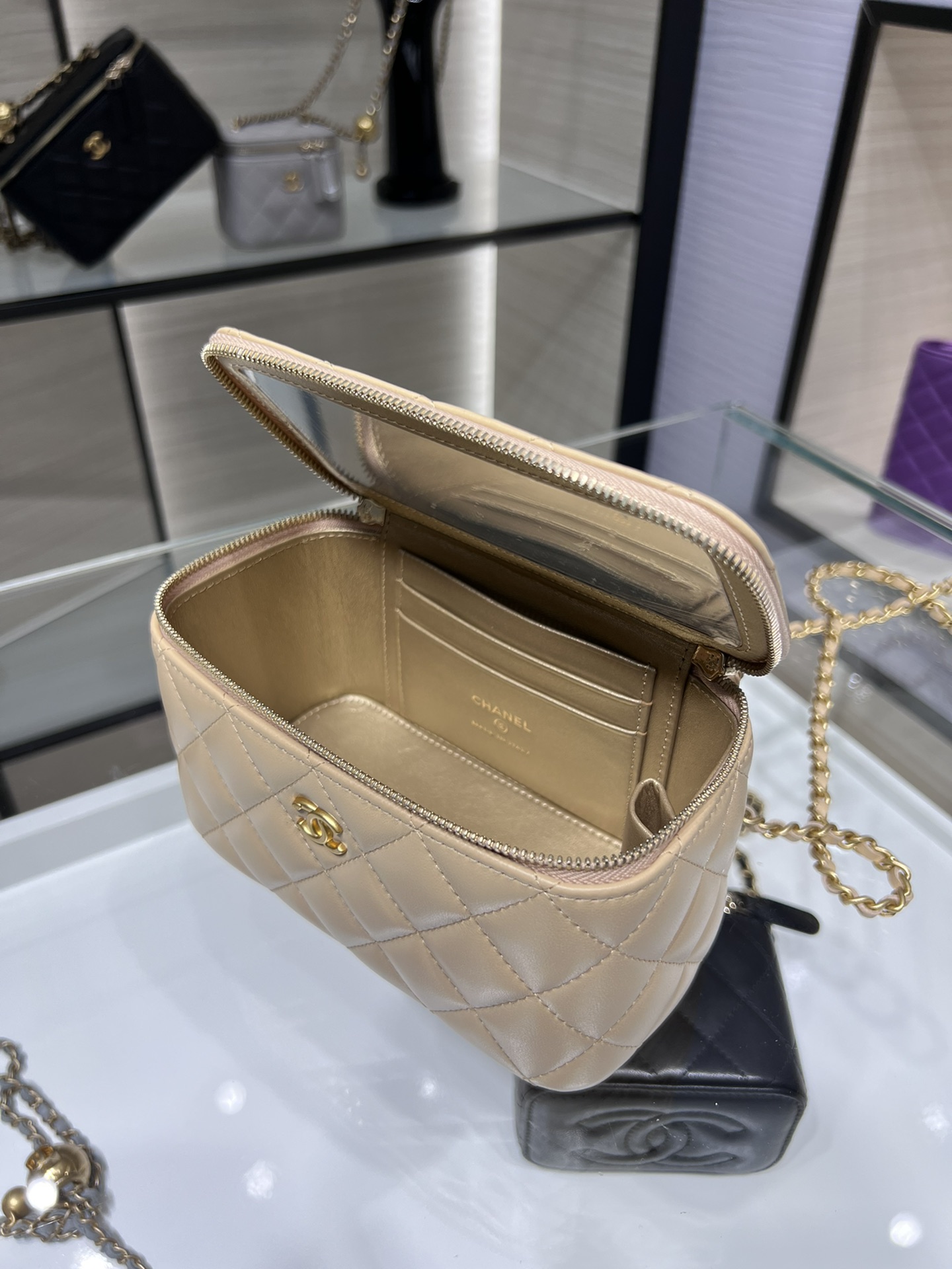 CHANEL: New Arrival: Adjustable Chain Rectangular Gold Ball Vanity Case - Bag 5