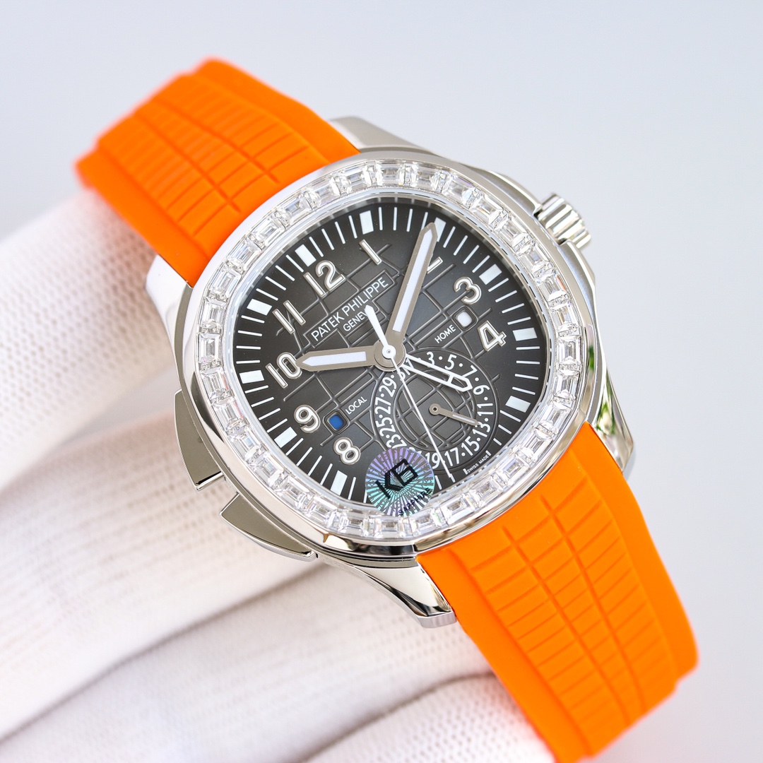 NO:726462,The Patek Philippe Aquanaut series 5164A-001 watch has a modern and international dual time complication, which is more in line with the tastes and needs of the younger generation. [Case] 40.8MM diameter, 11.8MM thickness, still made of Patek Philippe classic stainless steel. The rounded octagonal shell shape is just right. The shark fin design on the left side of the case can quickly adjust the central hollow hour hand.  button, this pointer can be used to indicate the time in the second time zone. [Dial] Black embossed dial, metal three-dimensional numerals, and fluorescent coating hour markers. Square day and night windows showing 'HOME' and 'LOCAL' respectively at 3 and 9 o'clock, blue and white respectively representing night and day, and a pointer-type date dial at 6 o'clock. [Movement] Successfully realized the 324 contained in Patek Philippe 5164A-001  SC FUS self-winding movement function, the three-hand basic movement is equipped with a dual time module. Equipped with a casual Troical strap, it is a luxury sports watch prepared for the young generation. It must be a high-quality product, patek philippe19860909百达翡丽Aquanaut系列5164A-001腕表具现代感、国际感的两地时间复杂功能,更符合年轻世代的品味与需求【表壳】40.8MM表径,厚度11.8MM,依旧采用百达翡丽经典不锈钢材质打造,圆润的八角壳型恰到好处,表壳左侧的鲨鱼鳍型设计,是可以快调中央镂空时针的按钮,这枚指针可以用来指示第二时区时间.【表盘】黑色浮雕表盘,金属立体字块,覆荧光涂层时标.3、9点钟分别显示”HOME”与”LOCAL”的方形昼夜视窗,蓝白二色各自代表晚上与白天,6点钟位置是指针式的日期盘.【机芯】成功实现百达翡丽5164A-001内载的324 SC FUS自动上链机芯功能,大三针基础机芯上搭载两地时间模组.配有休闲气息的Troical表带,正是为年轻世代所准备的奢华运动表.必属精品,,patek philippe,Watch