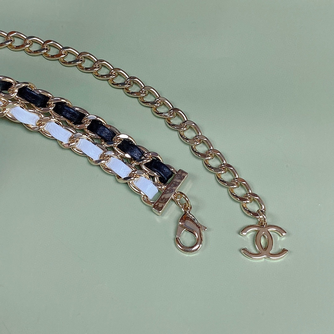 -chanel 金属 小羊皮与小牛皮 金色金属、黑与白  精致腰链  链长93cm
链身75. 尾链18