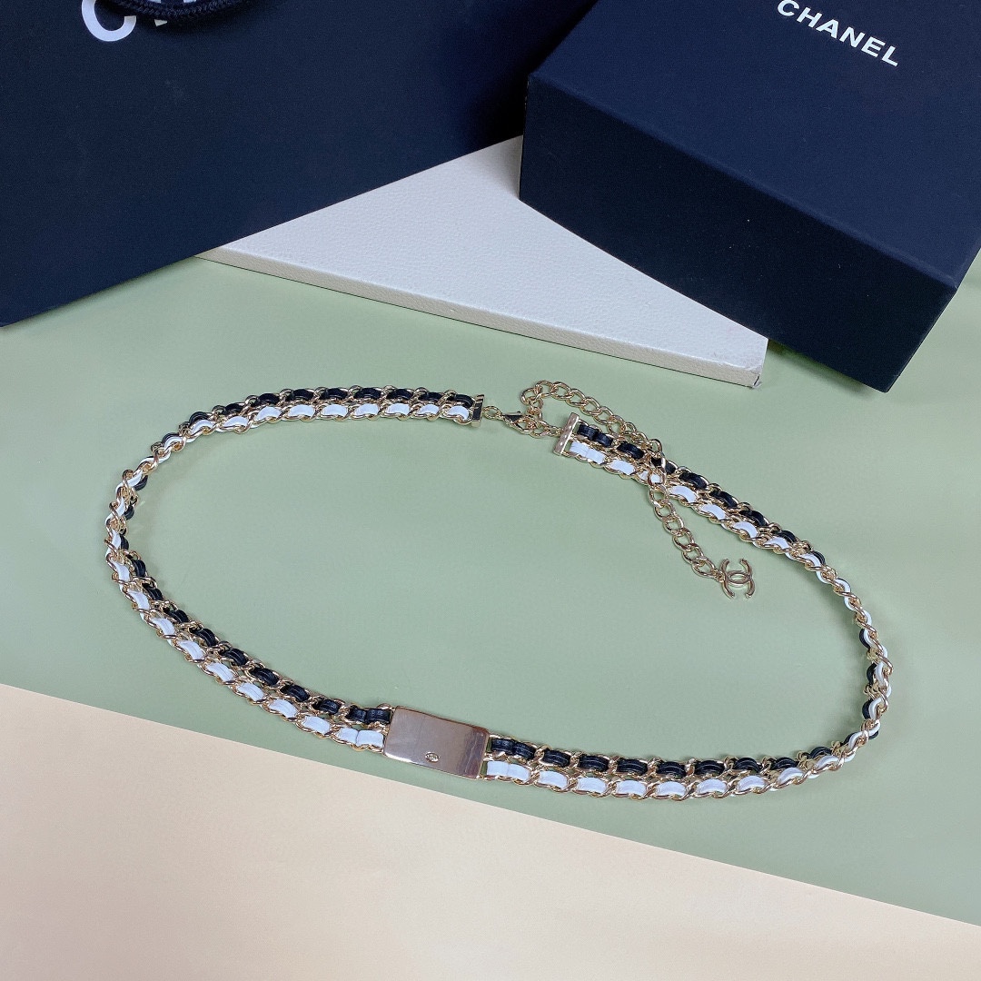 -chanel 金属 小羊皮与小牛皮 金色金属、黑与白  精致腰链  链长93cm
链身75. 尾链18