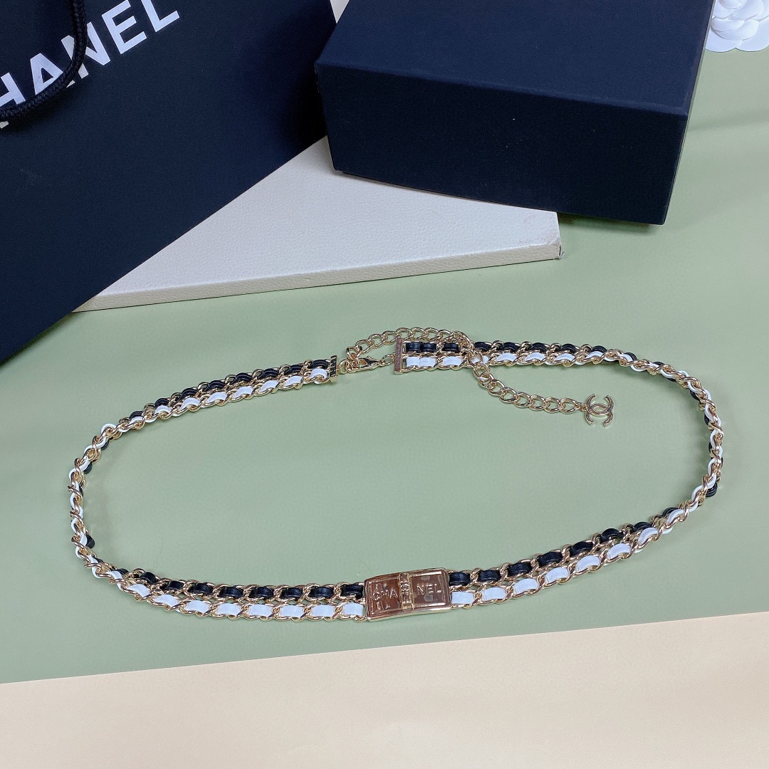 -chanel 金属 小羊皮与小牛皮 金色金属、黑与白  精致腰链  链长93cm
链身75. 尾链18