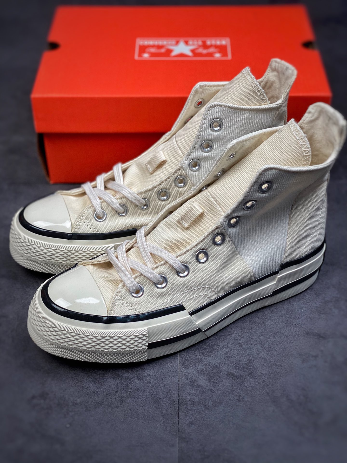 180 匡威Converse Chuck Taylor All Star 1970s High Plus”Light Yellow/White”帆布米白不对称解构A00915C