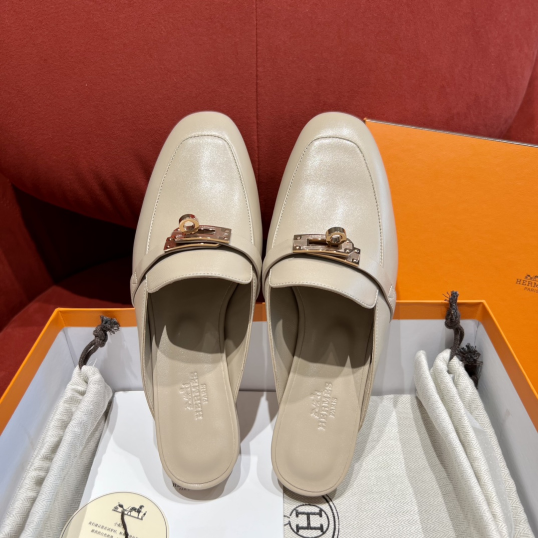 Hermes Kelly Shoes Half Slippers Milk Tea Color Rose Gold Sewing Hardware Genuine Leather