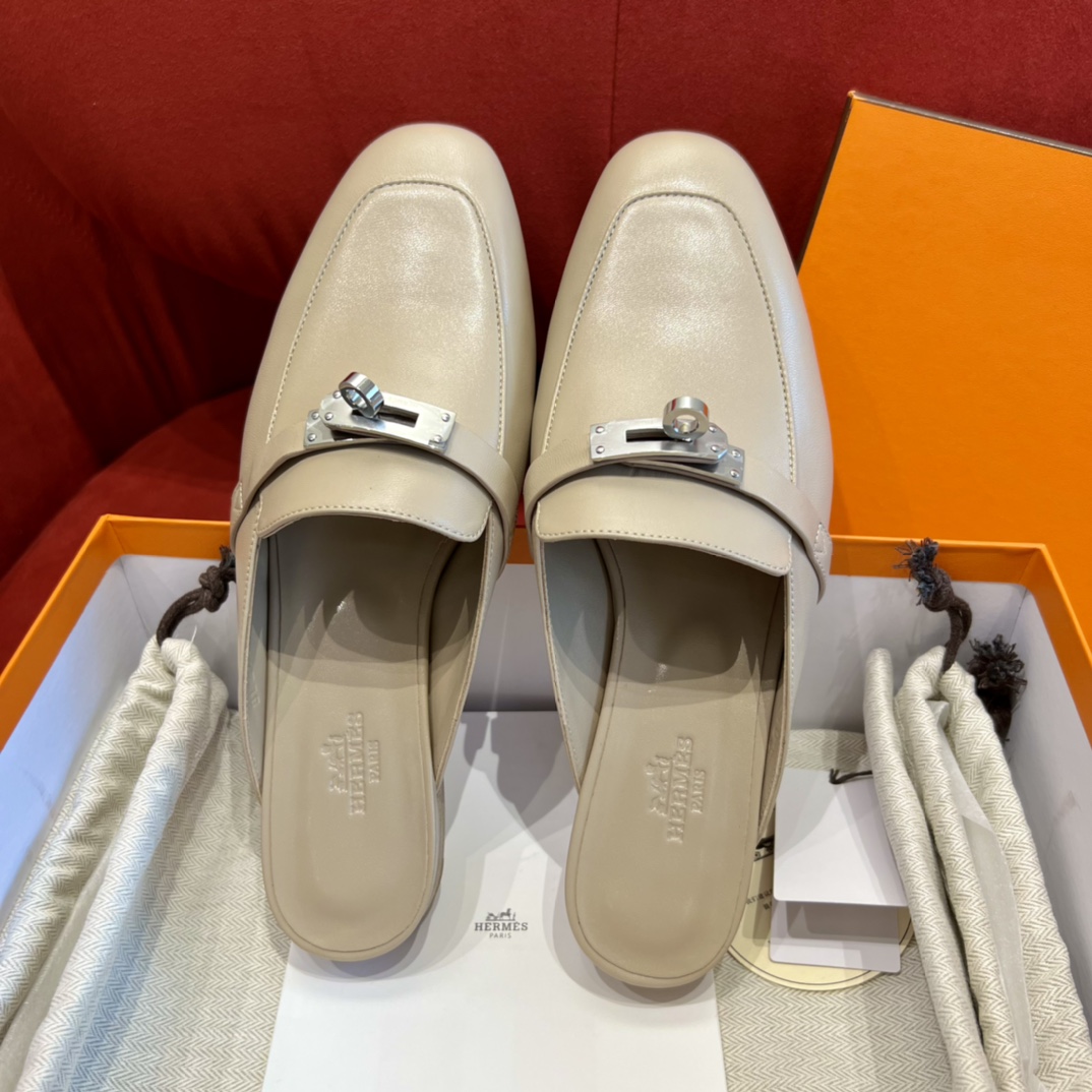 Hermes Kelly Shoes Half Slippers Milk Tea Color Sewing Silver Hardware Genuine Leather