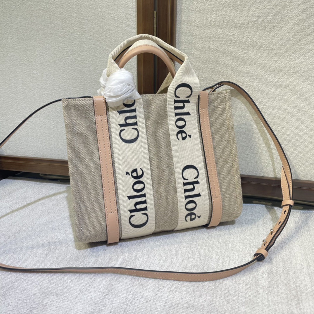 Chloe Handbags Tote Bags Apricot Color Black White Canvas Cotton Linen Woody Casual