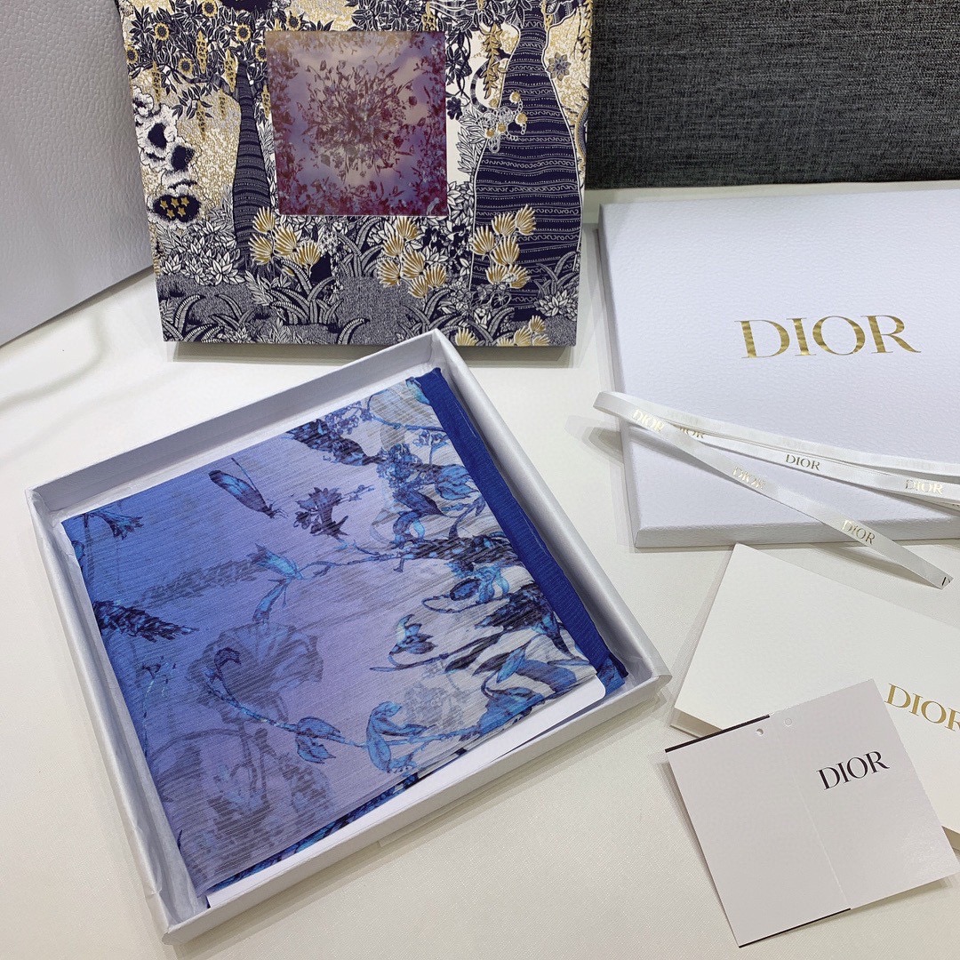 Dior Pañuelos Chal Azul Impresión Seda