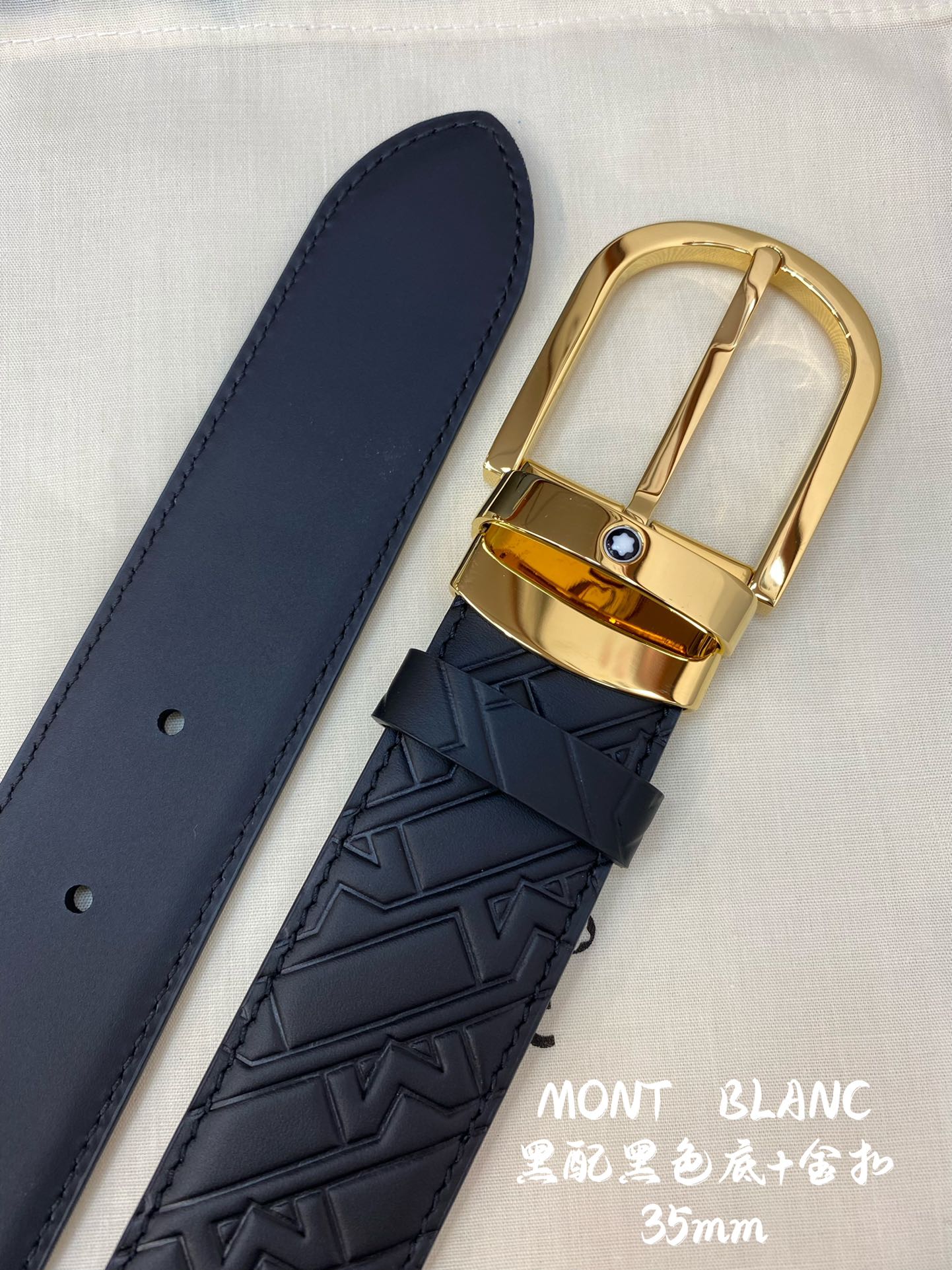 Montblanc万宝龙宽3.5cm采用头层牛皮压花精品钢扣自由裁剪商务休闲皮带