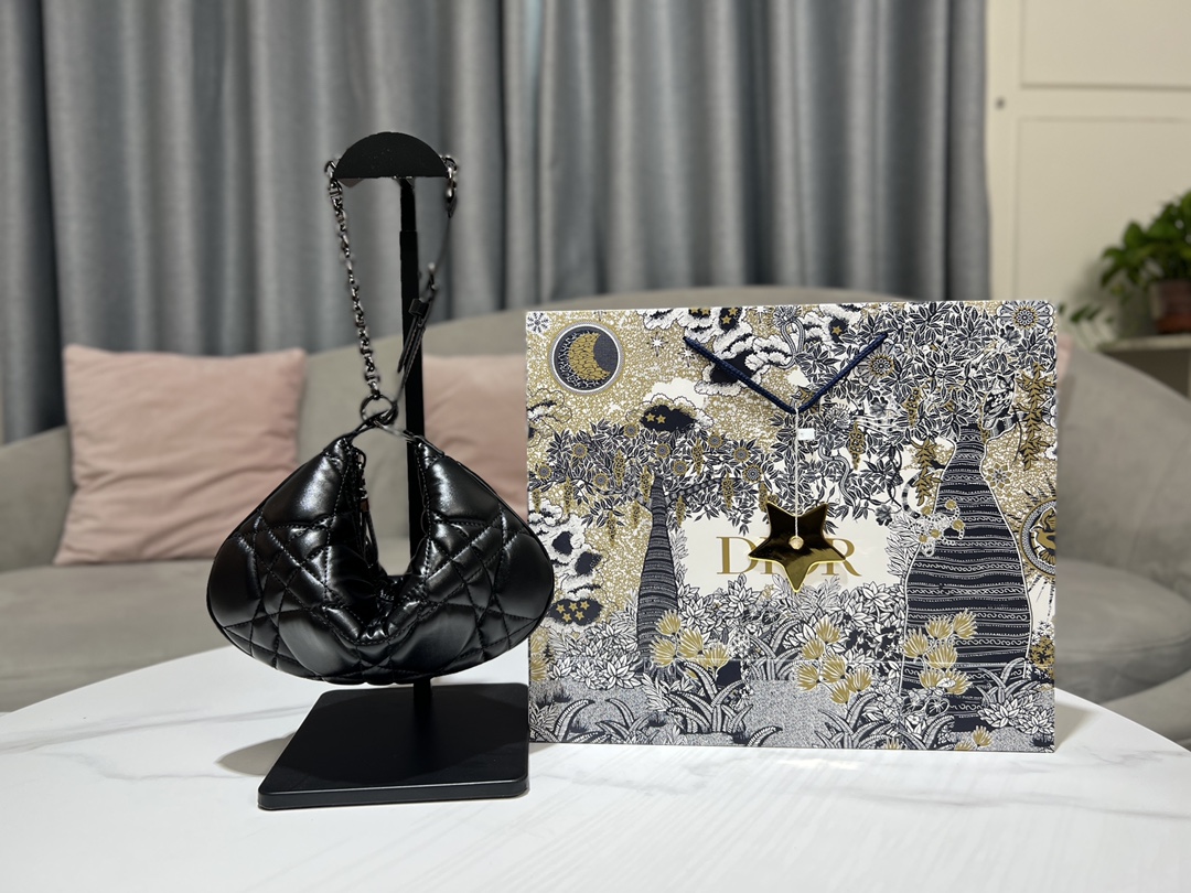 Dior Caro сумка Тюльпан черная кожа телячья стеганая крупная клетка Cannage цепочка-ручка